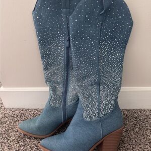 Blue Rhinestone Heeled Boots